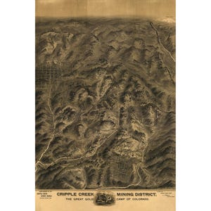 May include: A sepia-toned bird's-eye view map titled Cripple Creek Mining District, The Great Gold Camp of Colorado. The detailed illustration depicts mountainous terrain, winding roads, and town grids with text labels throughout the landscape.