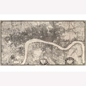 May include: A vintage black and white map of London, England. The map shows the city's streets, buildings, and the River Thames. The map is surrounded by a decorative border.