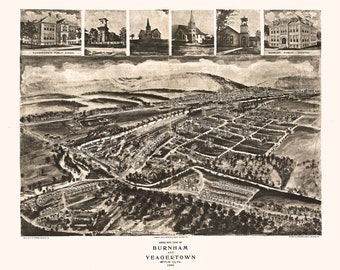 Burnham and Yeagertown, Mifflin Co., Pa. Antique Birdseye Map; 1906 -  Teak Wood Magnetic Hanger Frame Optional