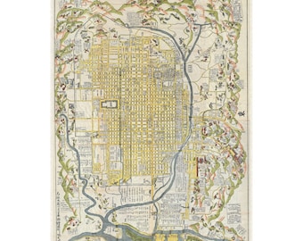 1696 Edo Period Woodblock Map of Kyoto Japan with Historic Details
