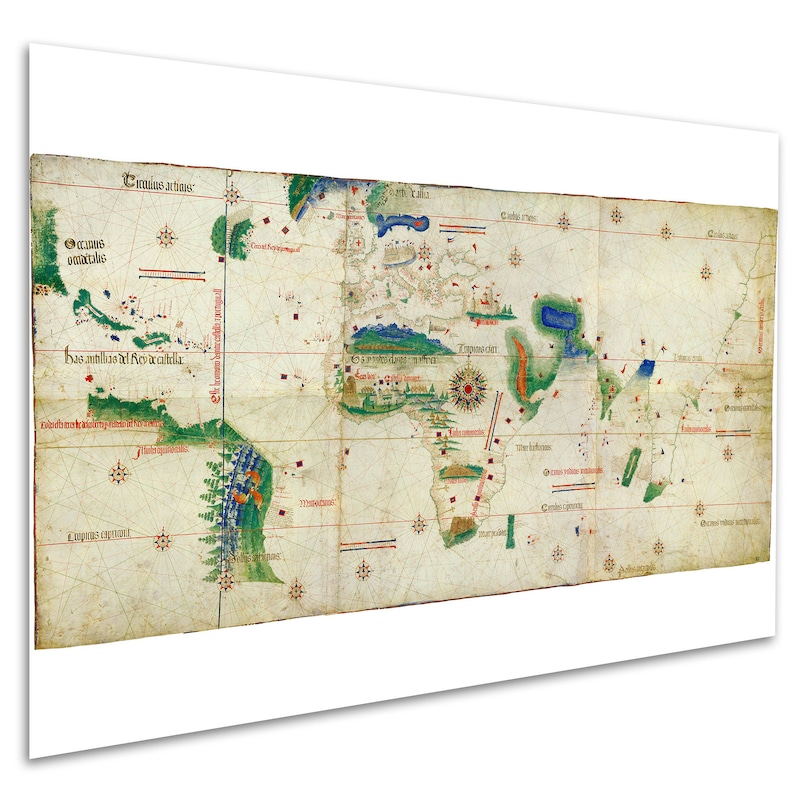 May include: A vintage world map with handwritten text and illustrations in various colors, including green, blue, and red. The map shows the continents of Europe, Asia, Africa, and the Americas. The map is drawn on parchment paper and has a worn, aged appearance.