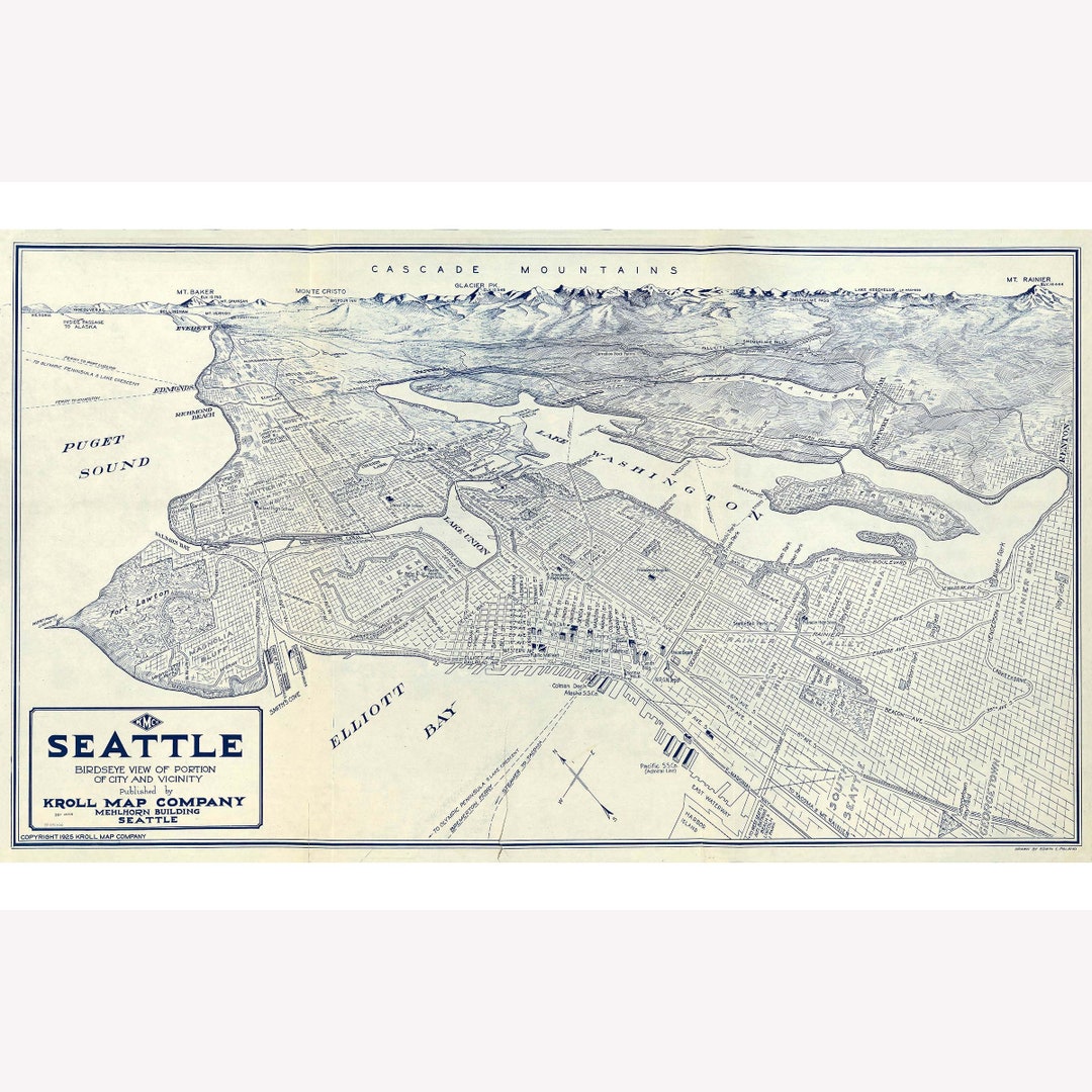 Map of Seattle, 1925; Antique Perspective Map Custom Printed to Order ...