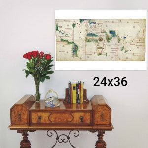 May include: A framed vintage map of the world with a white background and colorful details. The map is framed in a white frame and is hanging on a white wall. The map is 24 inches by 36 inches.