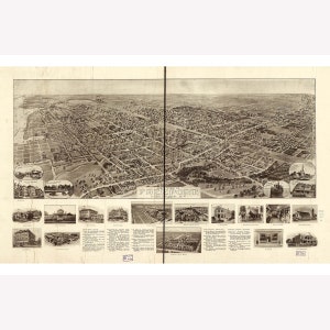 May include: An antique aerial view map of Freeport, Long Island, New York. The map shows the town's layout with streets, buildings, and parks. The map is printed in black and white and includes a key with descriptions of various buildings and landmarks.