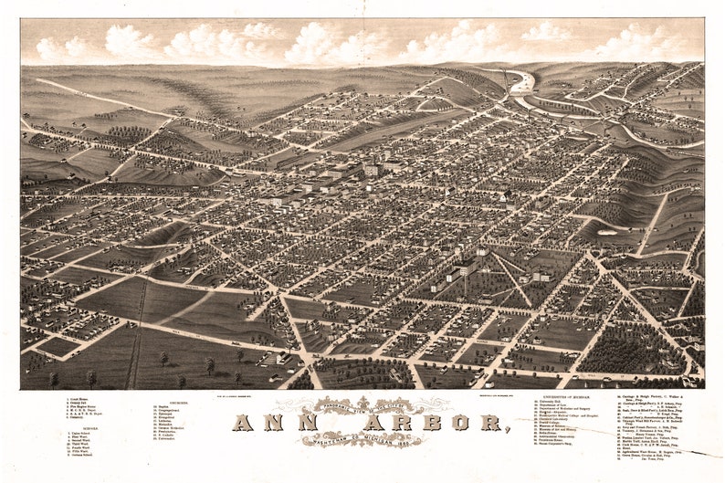 Washtenaw County; Antique Birdseye Map; 1880 Michigan Ann Arbor