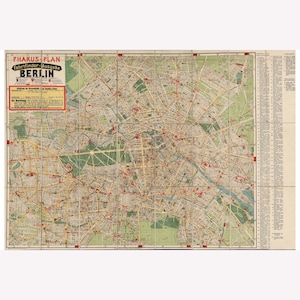 May include: A vintage map of Berlin, Germany, with a detailed street network and labeled landmarks. The map is titled "Pharus-Plan Fahrfinder Ausgabe Berlin" and includes a legend and index of streets.