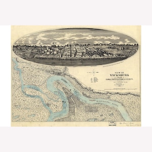 Map of Vicksburg, Mississippi Fortifications, 1863; Antique Civil War Map -  Teak Wood Magnetic Hanger Frame Optional