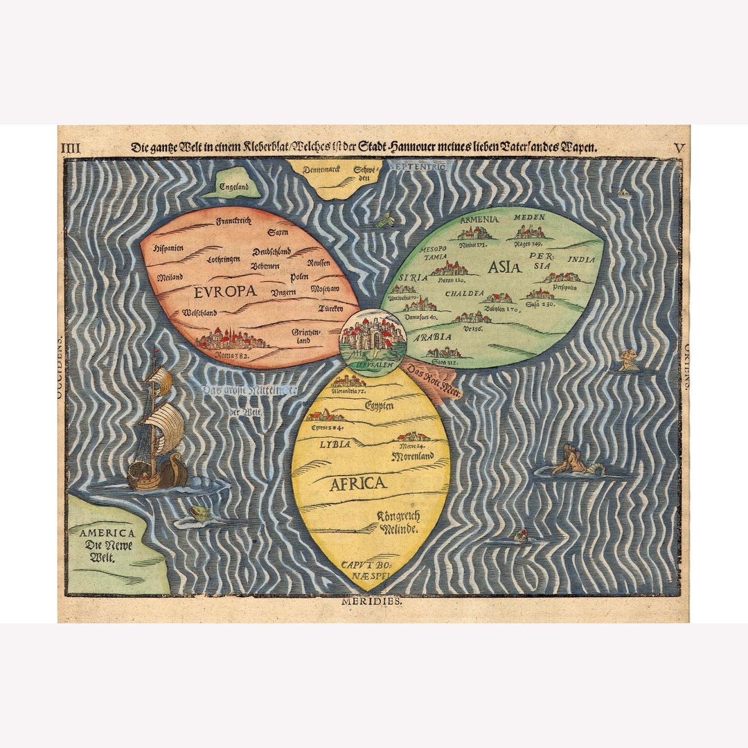 Bunting Clover Leaf Map; Historic World Map From Sacrae Scripturae ...