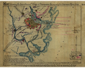 Civil War Map, Siege of Savannah, Georgia by Sherman's Army, Dec. 1863 -  Teak Wood Magnetic Hanger Frame Optional