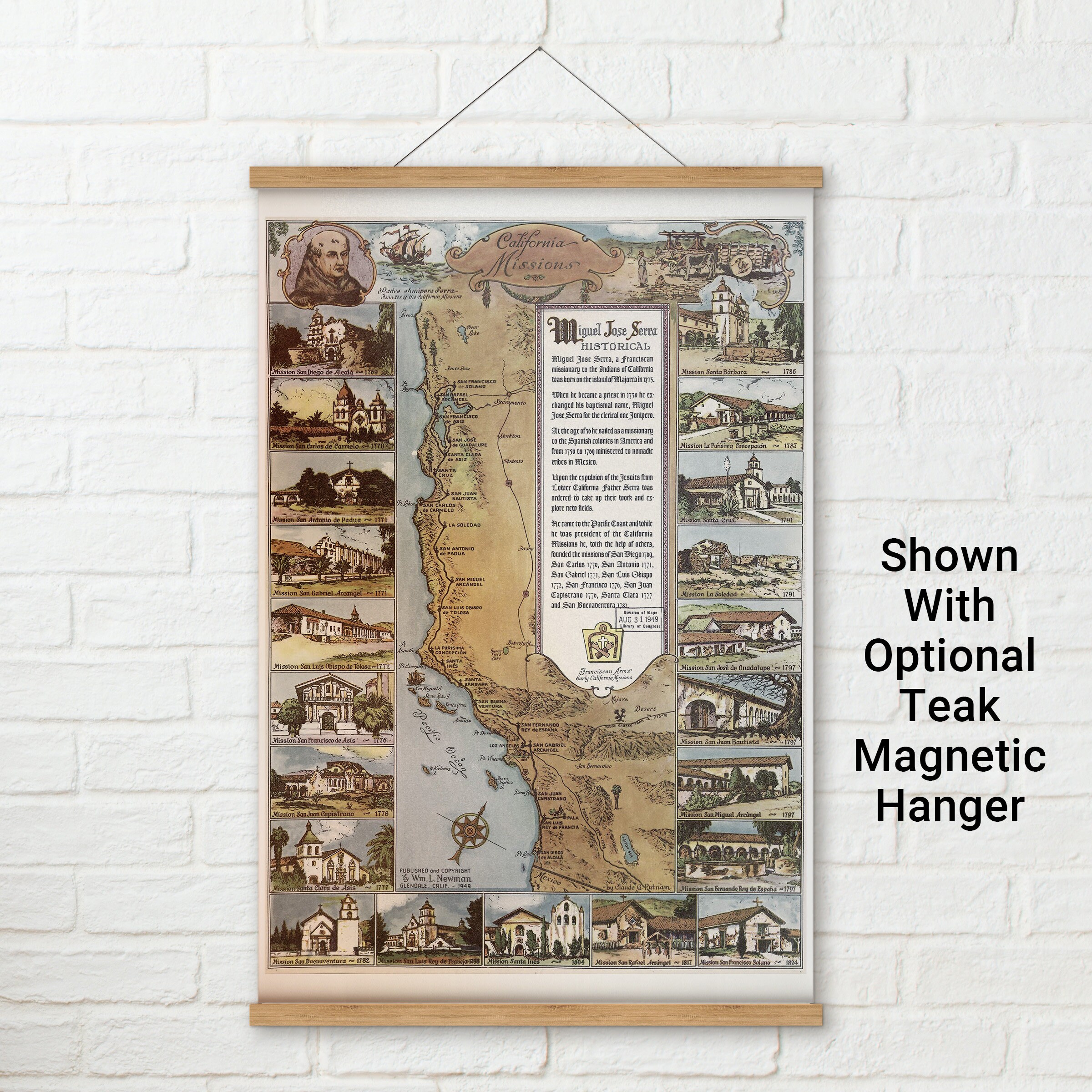 California Missions; Antique Pictorial Map; 1949 - Teak Wood Magnetic  Hanger Frame Optional - Etsy