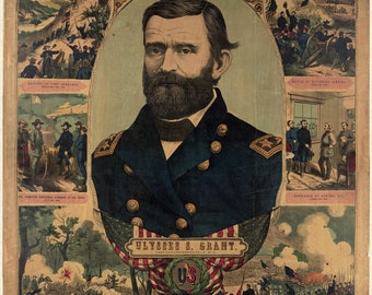 Ulysses S. Grant Poster, Antique Repro, post Civil War - Teak Wood Magnetic Hanger Frame Optional
