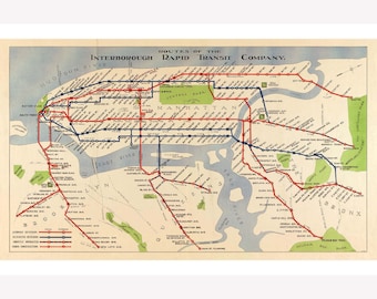 New York Subway Vintage 1924 Map; Interborough Rapid Transit -  Teak Wood Magnetic Hanger Frame Optional