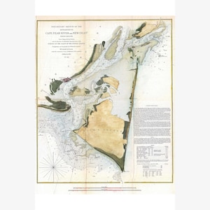 May include: A vintage map of the entrance to Cape Fear River and New Inlet in North Carolina. The map is hand-drawn and features detailed markings of the waterways and surrounding land. The map is titled "Preliminary Sketch of the Entrance to Cape Fear River and New Inlet, North Carolina."