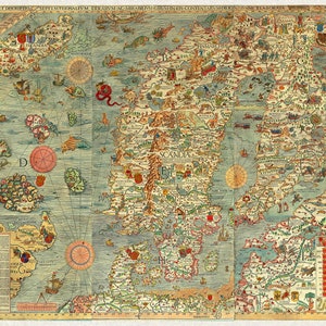 Map of Nordic Countries; 1530 Olaus Magnus; Carta Marina Reproduction -  Teak Wood Magnetic Hanger Frame Optional