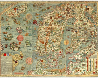 Map of Nordic Countries; 1530 Olaus Magnus; Carta Marina Reproduction -  Teak Wood Magnetic Hanger Frame Optional