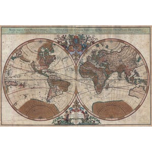 1691 Sanson and Jaillot Double Hemisphere World Map with Gold Highlights