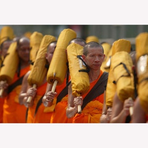 Buddhist Monks in Saffron Robes; Custom Printed Photo Poster -  Teak Wood Magnetic Hanger Frame Optional