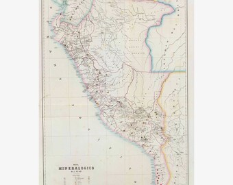 Mineralogical Map of Peru; Antique Map, 1885 - Teak Wood Magnetic Hanger Frame Optional