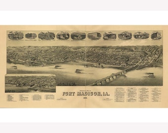 Map of Fort Madison, Iowa; Antique Map; Pictorial Birdseye Map, 1889 -  Teak Wood Magnetic Hanger Frame Optional