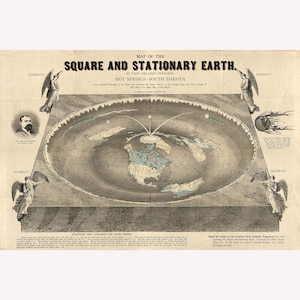 Map of Square & Stationary Earth, Prof. Orlando Ferguson, 1893 -  Teak Wood Magnetic Hanger Frame Optional