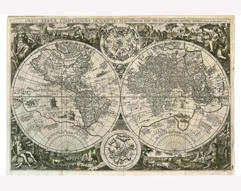 World Map; Orbis Terrae Compendiosa; P. Plancius JB Vrients, 1596; Historic Map -  Teak Wood Magnetic Hanger Frame Optional