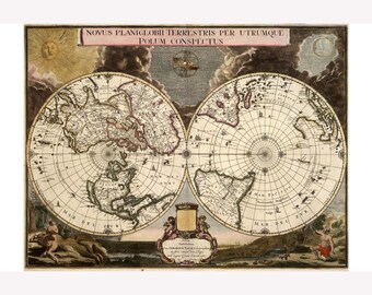 The Mysterious Final Blaeu World Map, Polar Projections; Superb! 1672 -  Teak Wood Magnetic Hanger Frame Optional