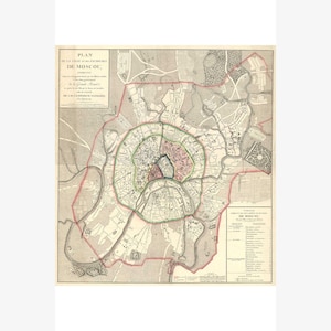 Map of Moscow; Parts Burned by Russia upon French Napoleon Invasion, 1812 - Teak Wood Magnetic Hanger Frame Optional