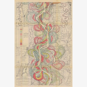 Mississippi River Meander Belt, Geological Map by Harold Fisk, 1944- 9 of 15 - Teak Wood Magnetic Hanger Frame Optional