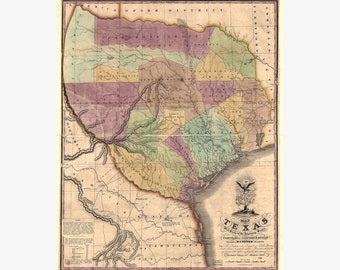 Map of Texas and Adjoining States - Stephen Austin 1837 Published by H.S. Tanner - Teak Wood Magnetic Hanger Frame Optional
