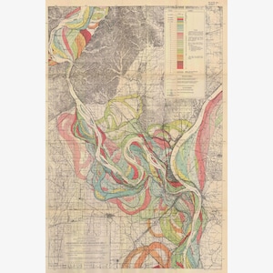 Mississippi River Meander Belt, Geological Map by Harold Fisk, 1944- 1 of 15 - Teak Wood Magnetic Hanger Frame Optional