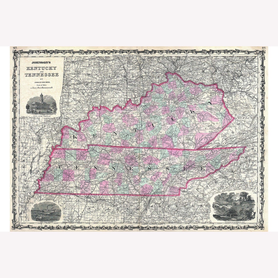 Kentucky y Tennessee; Mapa Johnson de 1862; Hermosa cartografía histórica -  Marco magnético de madera de teca (opcional) - Etsy México, image size:1080x1080