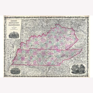 Kentucky and Tennessee; 1862 Johnson Map; Lovely Historic Cartography -  Teak Wood Magnetic Hanger Frame Optional