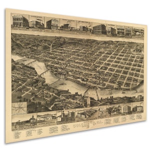 Columbus GA Antique Map Perspective Pictorial or Birdseye Map 1886 Columbus GA Antique Map Perspective Pictorial or Birdseye Map 1886