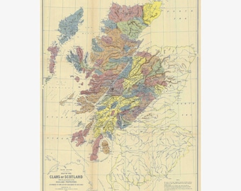 Clans of Scotland Historical Map | Clan Locations & Landowners 1587-1594 | Published 1899 - Teak Wood Magnetic Hanger Frame Optional