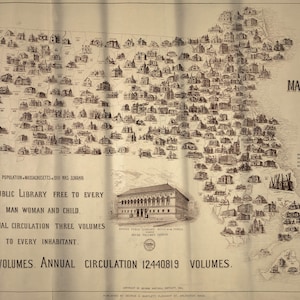 May include: A black and white map of Massachusetts showing the locations of public libraries in the state. The map includes the text "The Public Libraries of Massachusetts" and "A Public Library Free to Every Man Woman and Child."