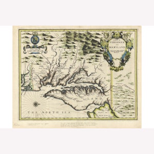 May include: An antique map of Virginia and Maryland, printed in the 17th century. The map shows the Chesapeake Bay, rivers, and towns. The map is surrounded by a decorative border with a coat of arms.