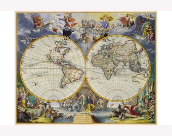 Novissima Totius Terrarum Orbis Tabula; Atlas Van Der Hagen; 17th Century Map -  Teak Wood Magnetic Hanger Frame Optional