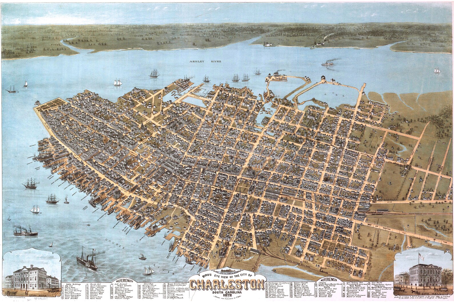 Map of Charleston South Carolina 1872 Antique Birdseye Map | Etsy