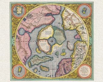 First Map Of Arctic & North Pole by Mercator; Circa 1606 -  Teak Wood Magnetic Hanger Frame Optional