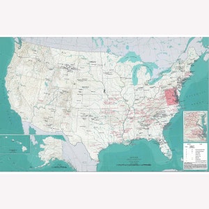 Map of Historic US Battle Sites; US National Atlas, 1970 -  Teak Wood Magnetic Hanger Frame Optional