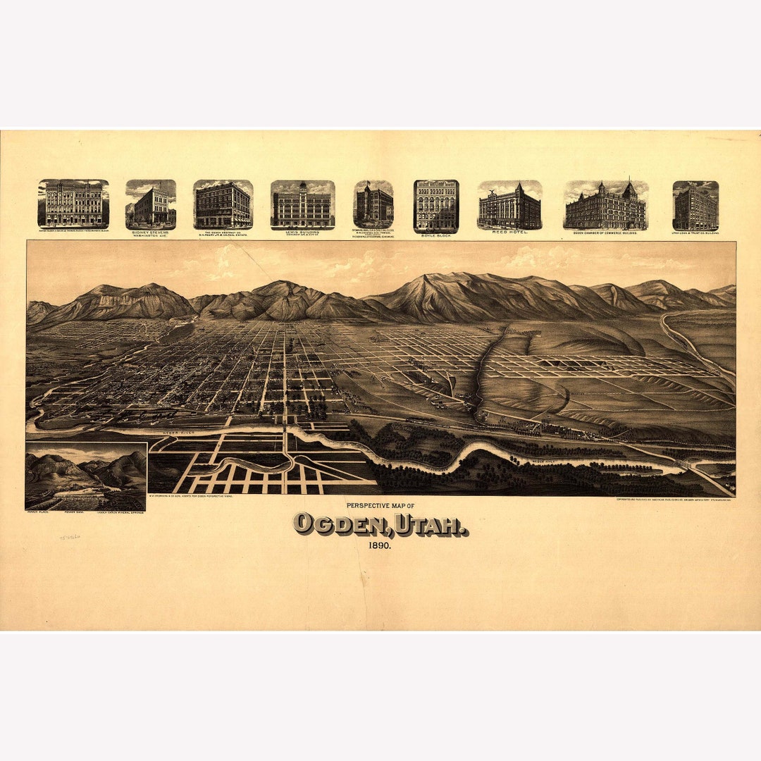Map of Ogden, Utah Antique Map Pictorial or Birdseye Map, 1890 Teak