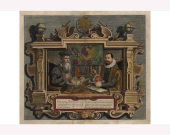 Portrait of Map Makers Mercator & Hondius; Fine Antique Reprint -  Teak Wood Magnetic Hanger Frame Optional