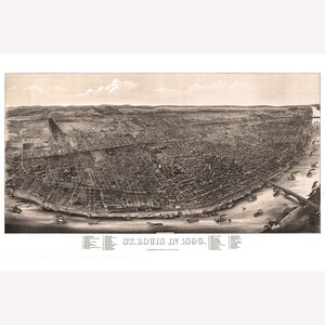 St Louis, MO; Antique Map; Pictorial Perspective or Birdseye Map, 1896 -  Teak Wood Magnetic Hanger Frame Optional