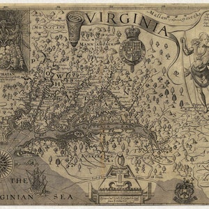 May include: A vintage map of Virginia from the 1600s, showing the coastline, rivers, and settlements. The map is titled "VIRGINIA" and includes the text "THE VIRGINIAN SEA".