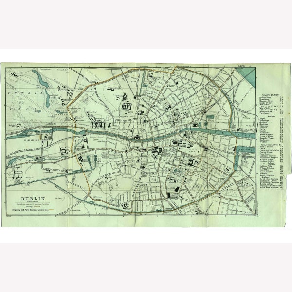 Dublin, Ireland; 1902 Antique Map with Landmarks Indicated -  Teak Wood Magnetic Hanger Frame Optional