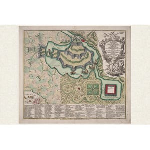 May include: A detailed, antique map featuring a fortress surrounded by water and land. The map is colored with shades of green, blue, and brown, with intricate details of buildings, trees, and ships. Text is present in the lower portion of the map.
