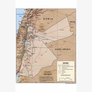 CIA Map of Jorden; Central Intelligence Agency Map; 2004 - Teak Wood Magnetic Hanger Frame Optional