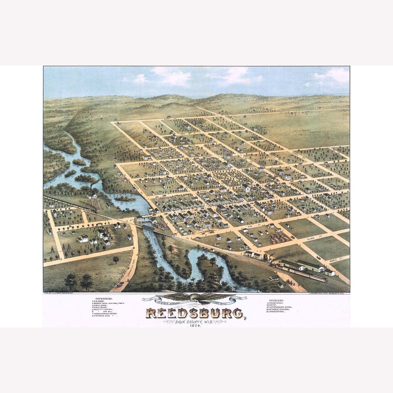 Map of Reedsburg Wisconsin 1874 Antique Birdseye Map Custom Etsy