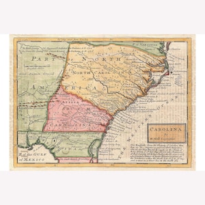 Map Of Carolina; Antique Map by Moll; 1746 -  Teak Wood Magnetic Hanger Frame Optional