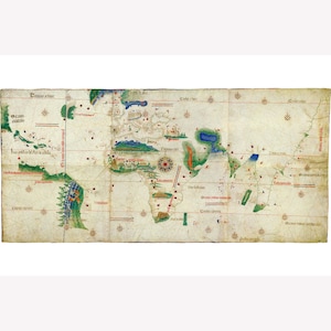 May include: A vintage world map with hand-drawn details, featuring a compass rose and handwritten text in Latin. The map is drawn on parchment paper with a light brown background and green, blue, and red accents.